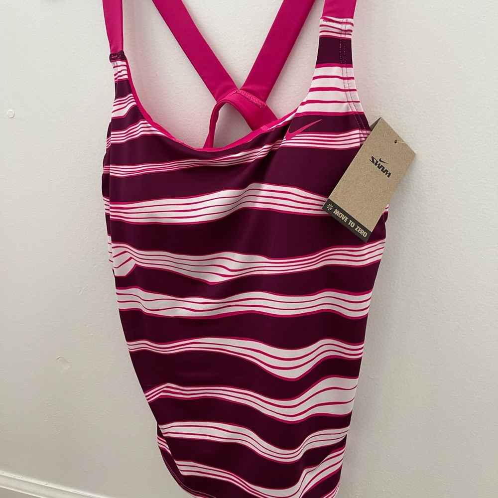 Nike Wave-Stripe V-Back Tankini Top Pink Prime MED NWT